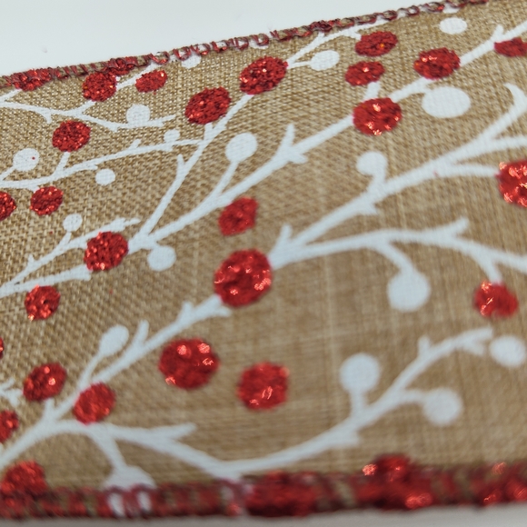 RENAISSANCE 2000 Wired Burlap Ribbon 2.5” Red Glitter Berry Two (2) Yards - Picture 3 of 6